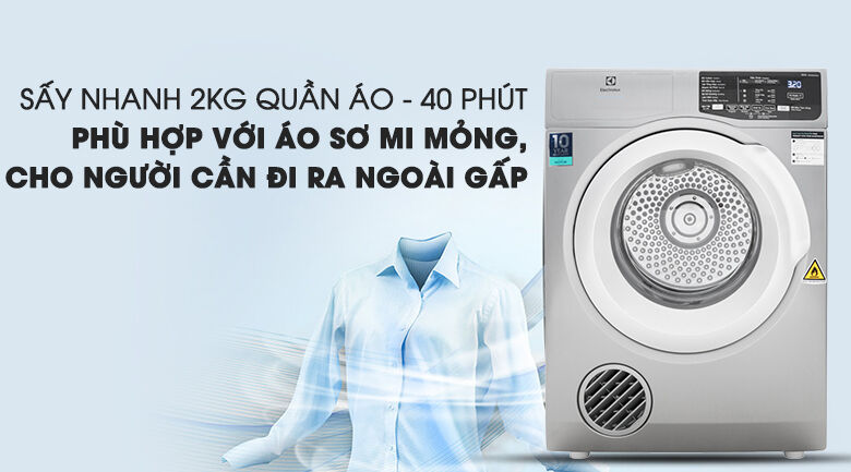 Sấy nhanh khoảng 2 kg quần áo trong 40 phút tiện lợi - Máy sấy Electrolux 8 Kg EDV805JQSA sấy nhanh khoảng 2 kg quần áo trong 40 phút tiện lợi - máy sấy electrolux 8 kg edv805jqsa
