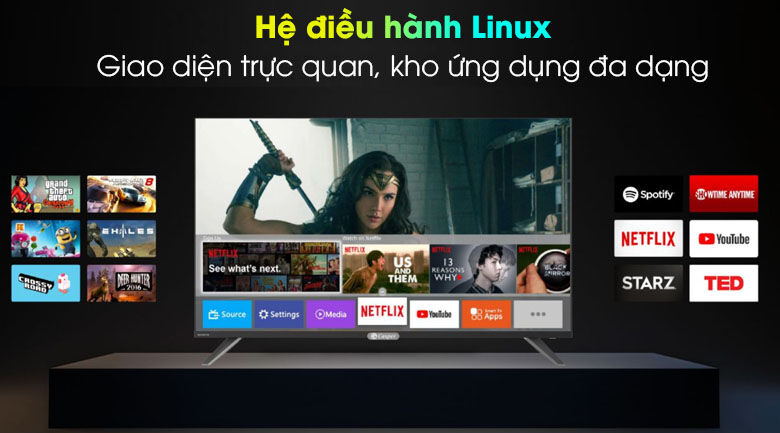 giao diện dễ sử dụng, kho ứng dụng phong phú với hệ điều hành linux - smart tivi casper 43 inch 43fx6200
