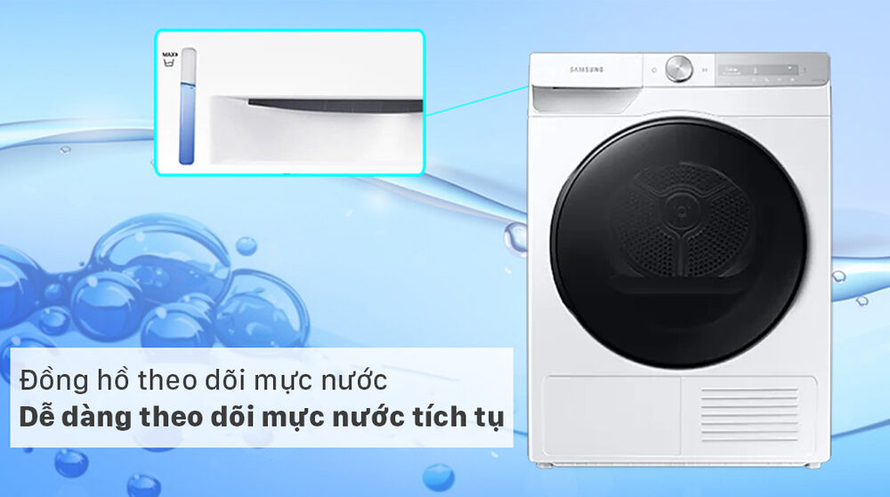 máy sấy bơm nhiệt samsung 9kg dv90t7240bh/sv - đồng hồ hiển thị mực nước