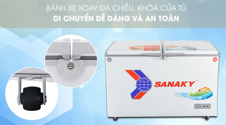 có khóa an toàn, bánh xe tiện lợi - tủ đông sanaky vh-3699w1
