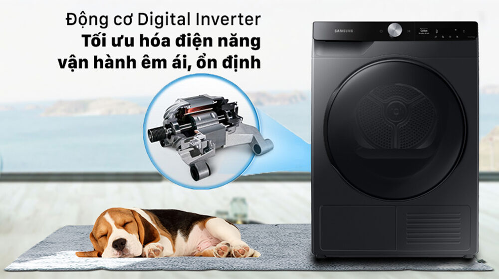 máy sấy samsung inverter 9 kg dv90t7240bb/sv - động cơ digital inverter tối ưu hóa điện năng, vận hành êm ái