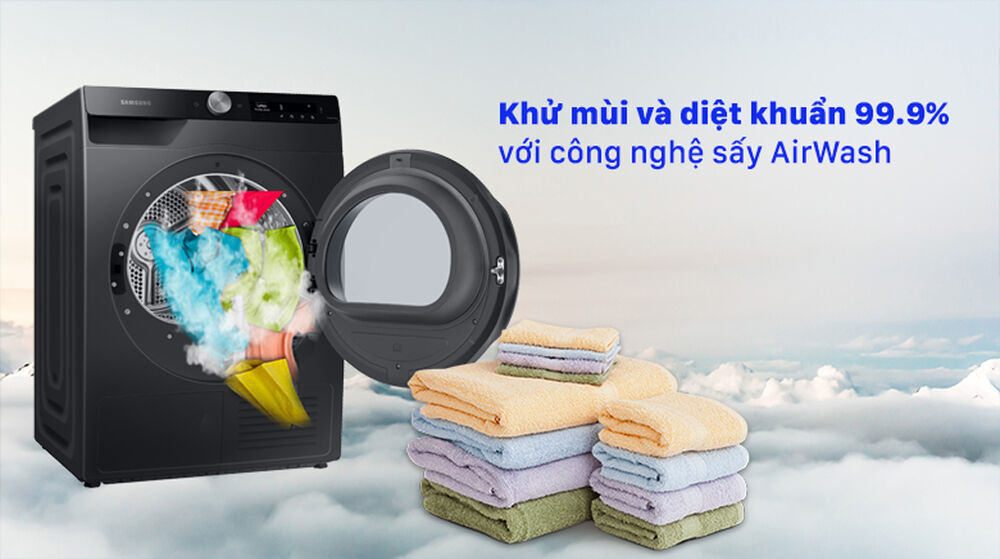 máy sấy samsung inverter 9 kg dv90t7240bb/sv - khử mùi, diệt khuẩn 99,9% với công nghệ sấy khô airwash