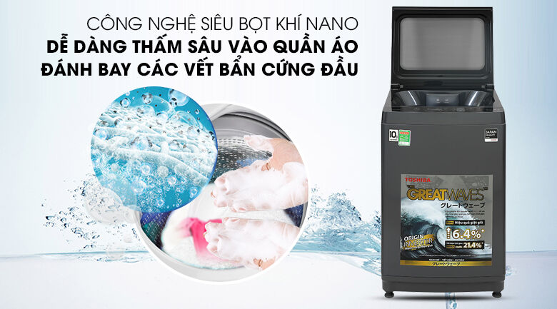 máy giặt toshiba inverter 10,5 kg aw-duk1150hv(mg)-thẩm thấu nhanh, đánh bay vết bẩn cứng đầu với công nghệ ufb siêu bọt khí nano