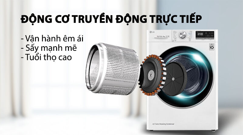máy sấy lg 9 kg dvhp09w-hoạt động bền bỉ, vận hành êm với động cơ truyền động trực tiếp