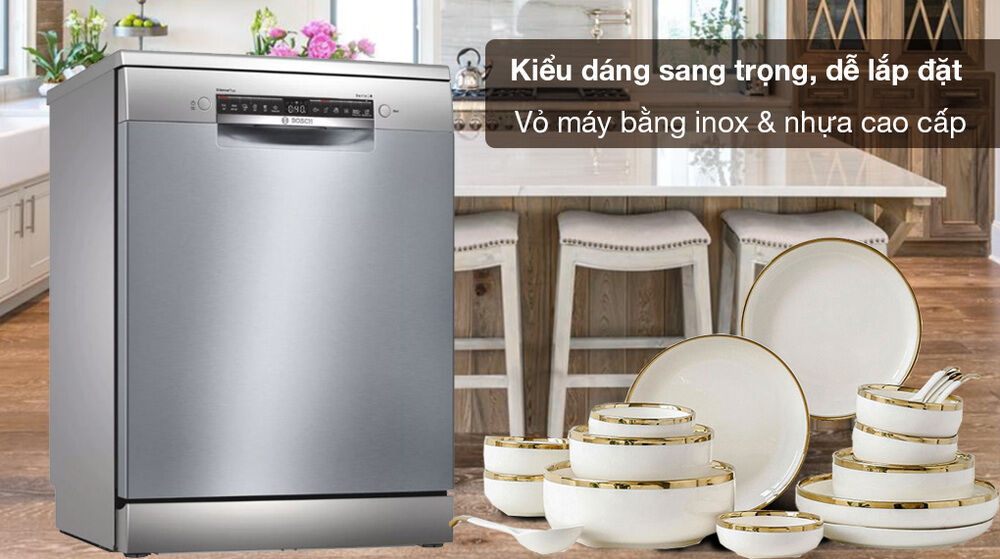 máy rửa chén bosch sms4eci14e - kiểu dáng sang trọng, dễ lắp đặt, vỏ máy bằng inox và nhựa cao cấp
