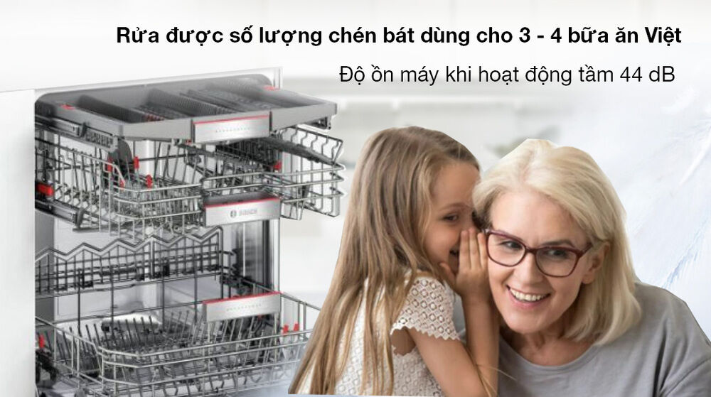 máy rửa chén bosch sms4eci14e - rửa được số lượng chén dùng cho 3 - 4 bữa ăn việt, độ ồn 44 db