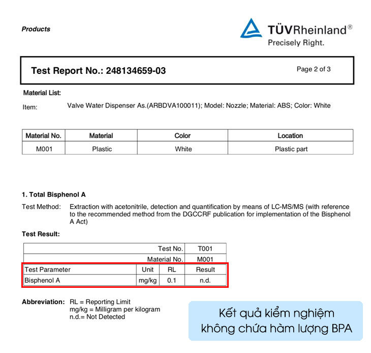 kết quả kiểm nghiệm không chứa bpa