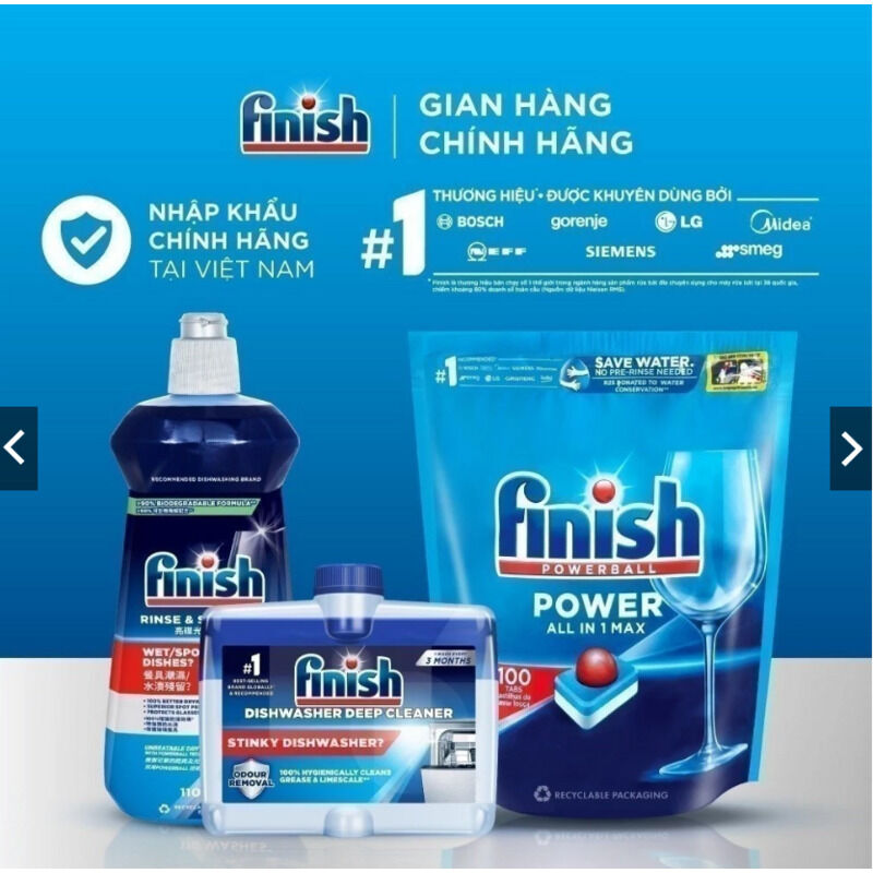 Túi 100Viên Rửa Bát Finish AllinOne+Nước Làm Bóng Finish 500ml+Dung Dịch Vệ Sinh Máy Finish 250ml