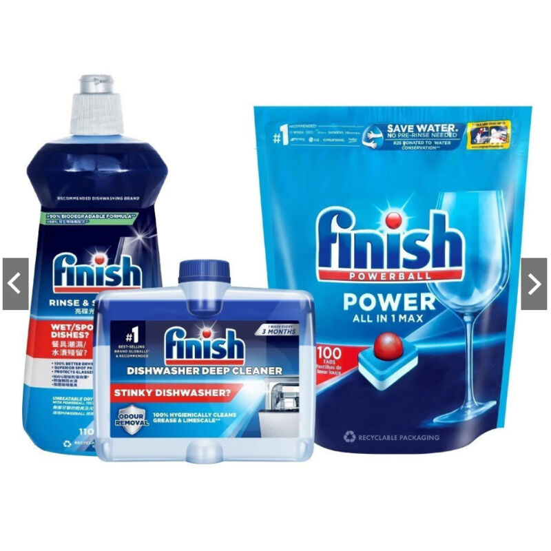 Túi 100Viên Rửa Bát Finish AllinOne+Nước Làm Bóng Finish 500ml+Dung Dịch Vệ Sinh Máy Finish 250ml